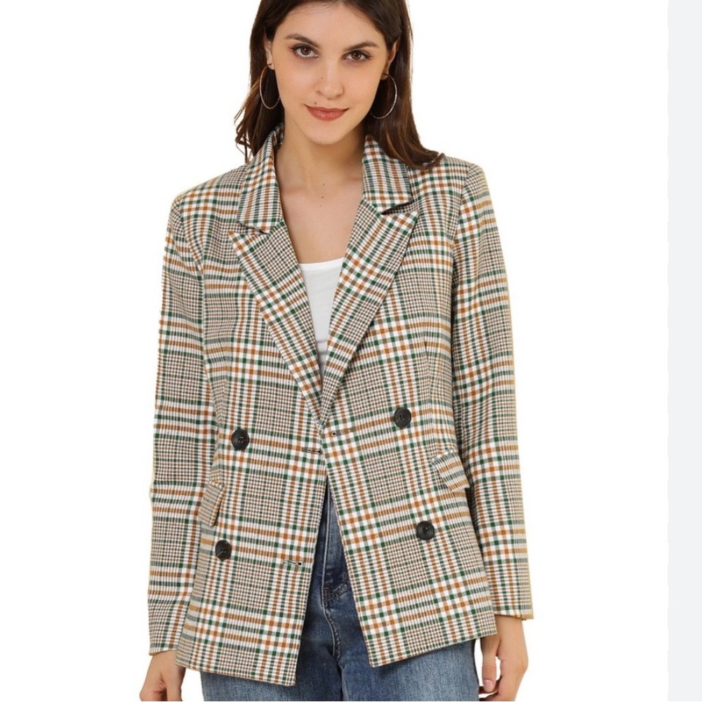 Allegra K Plaid Double Breasted Suit Jacket Blazer Size Small